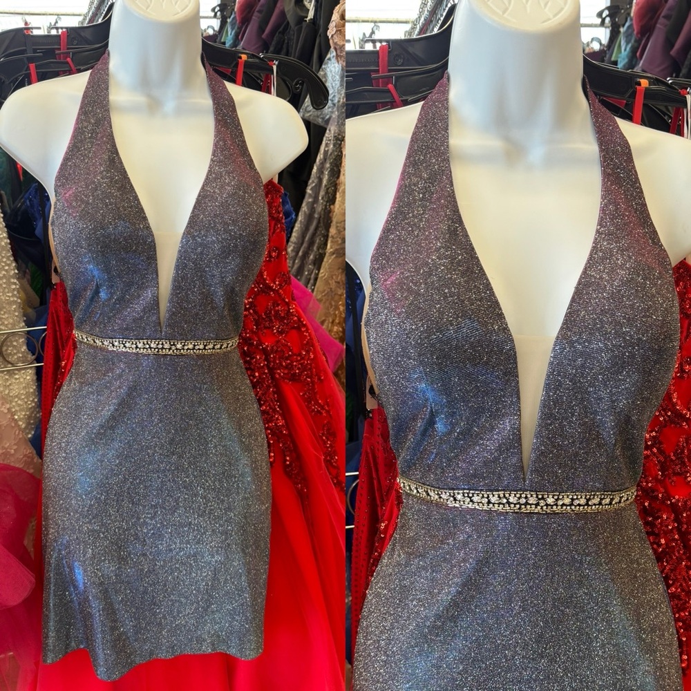 Amarra short Elegant Silver Halter Dress with beaded belt size 4